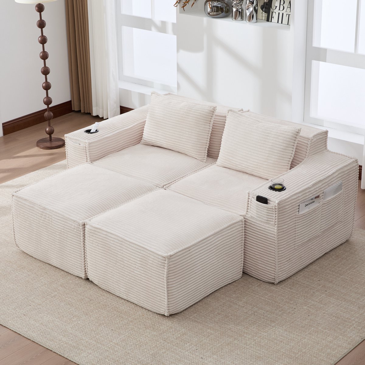 HAUSS SPOLE Zitbank - Modulaire 2-Zits Bankset - Met 2 Hockers, Bekerhouders En Opbergvakken - Voor Woonkamer En Appartement - Cordstof Beige