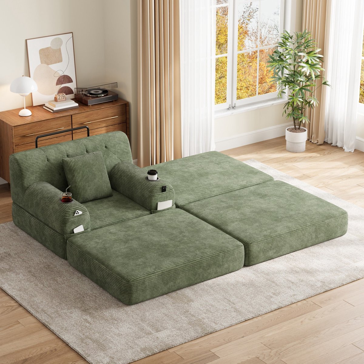 Wishdor - Fauteuil - 1-zits slaapfauteuil met hoge rugleuning en bekerhouders - modern voor woonkamer of logeerkamer - cord stof groen - 191 x 162 x 81 cm