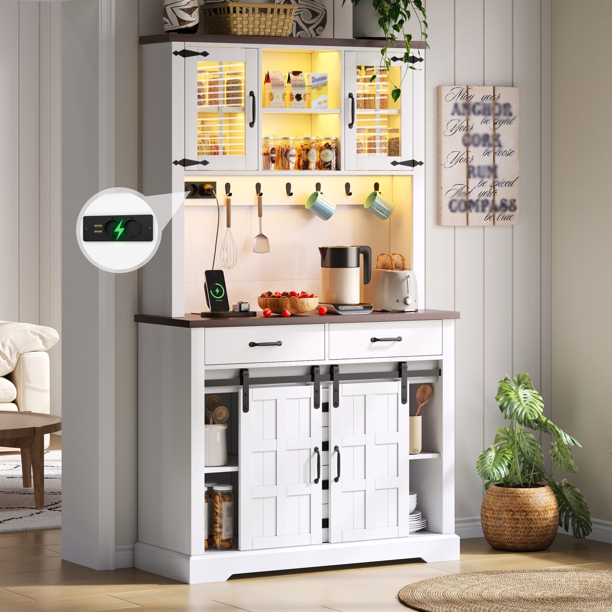 Wishdor - Keukenkast - Met LED en stopcontact - 6 lades en verstelbare planken - Landelijke sideboard voor keuken of eetkamer - Houtlook - Wit - 180 x 108 x 40 cm