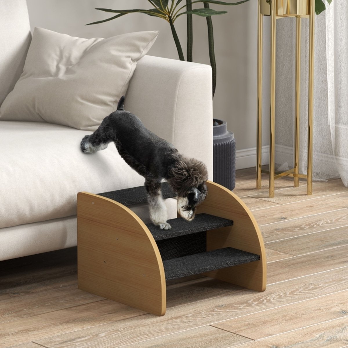 MIVRAY Hondentrap – 3 Treden Met Antislip Voetkussens – 38,5 x 38,5 x 30 cm – Polyester en Houtlook – Eiken en Zwart – Voor Bank en Bed