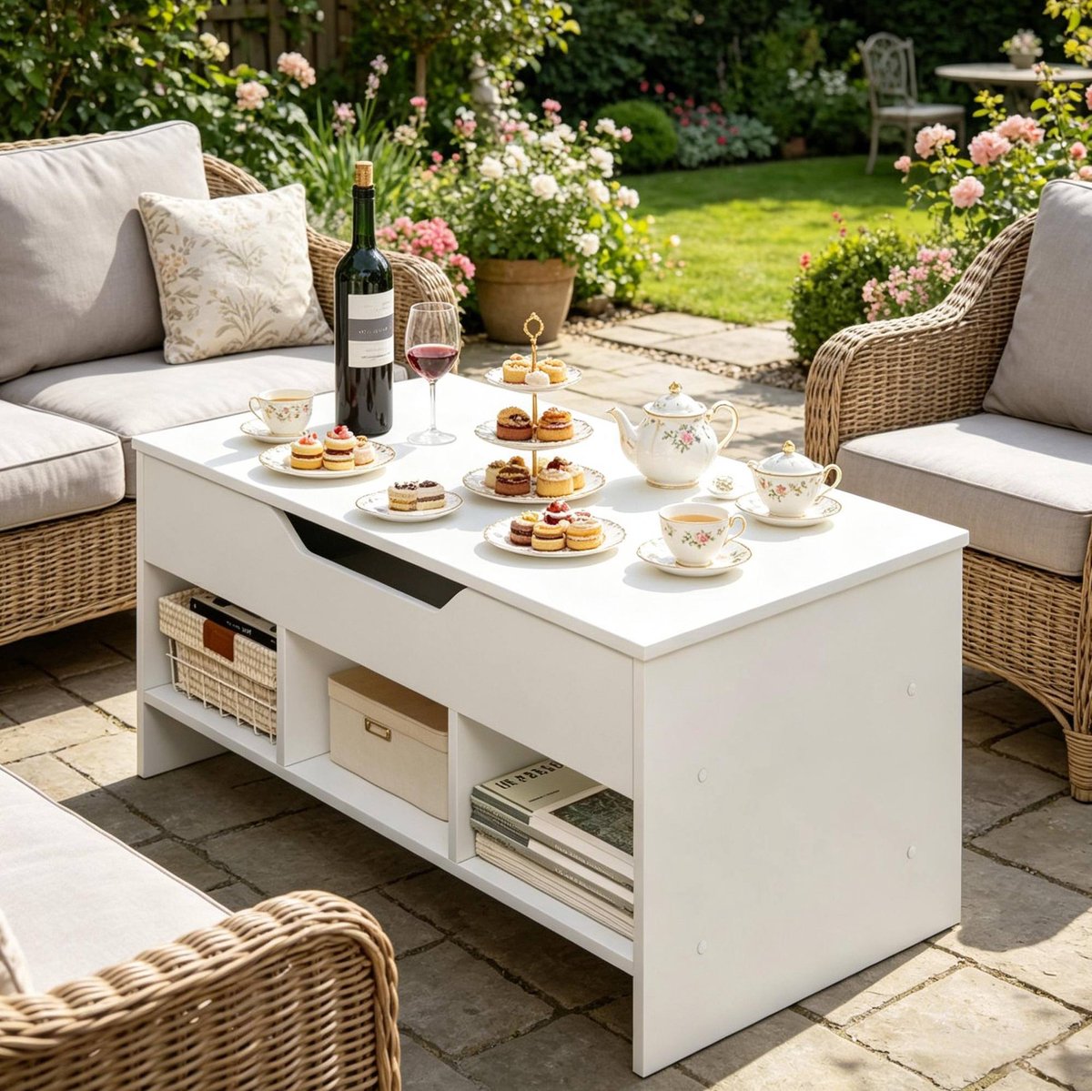 FloraGrace Salontafel - Lift-Top Met Opbergruimte En Opklapbaar Blad - Voor Woonkamer En Thuiswerken - Hout En Metaal - 96x51x45 Cm - Wit