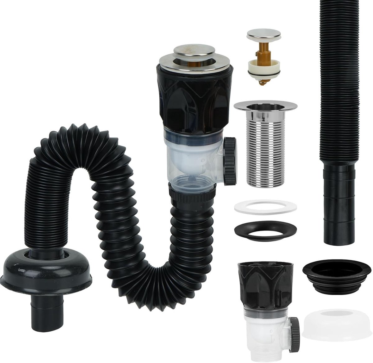 Afvoerset voor wastafel met geurwerende afvoerbuis, pop-up afvoer en uitschuifbare slang, 230-800mm, zwart, ideaal voor badkamer en keuken