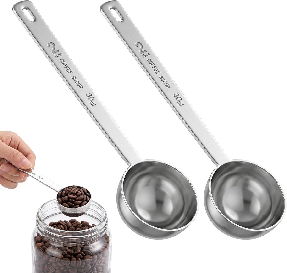 Doseringslepels voor koffie en thee - Set van 2 roestvrijstalen maatlepels van 30g voor poedervormige ingrediënten zoals suiker en cacao