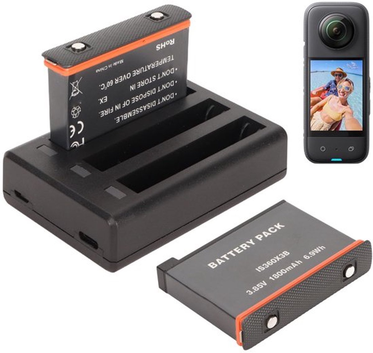 Batterijlader voor X3, 2 Batterijen en Snelle USB-dubbele Oplader voor X3-actiecamera Oplaadbare Camerabatterij van 1800 MAh