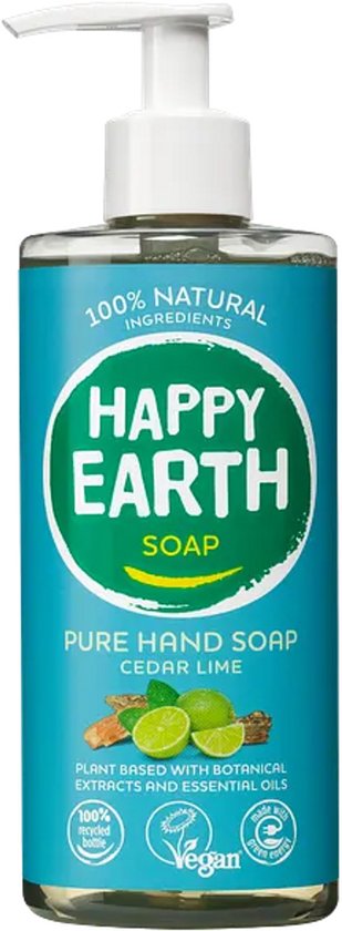 Happy Earth pure handzeep, ceder en limoen, met 100% natuurlijke ingrediënten, in een doorzichtige fles met blauw label.