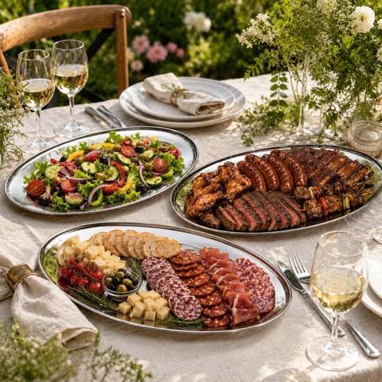 Table dressée avec salade, viande et charcuterie sur plats argentés ovales, avec du vin.