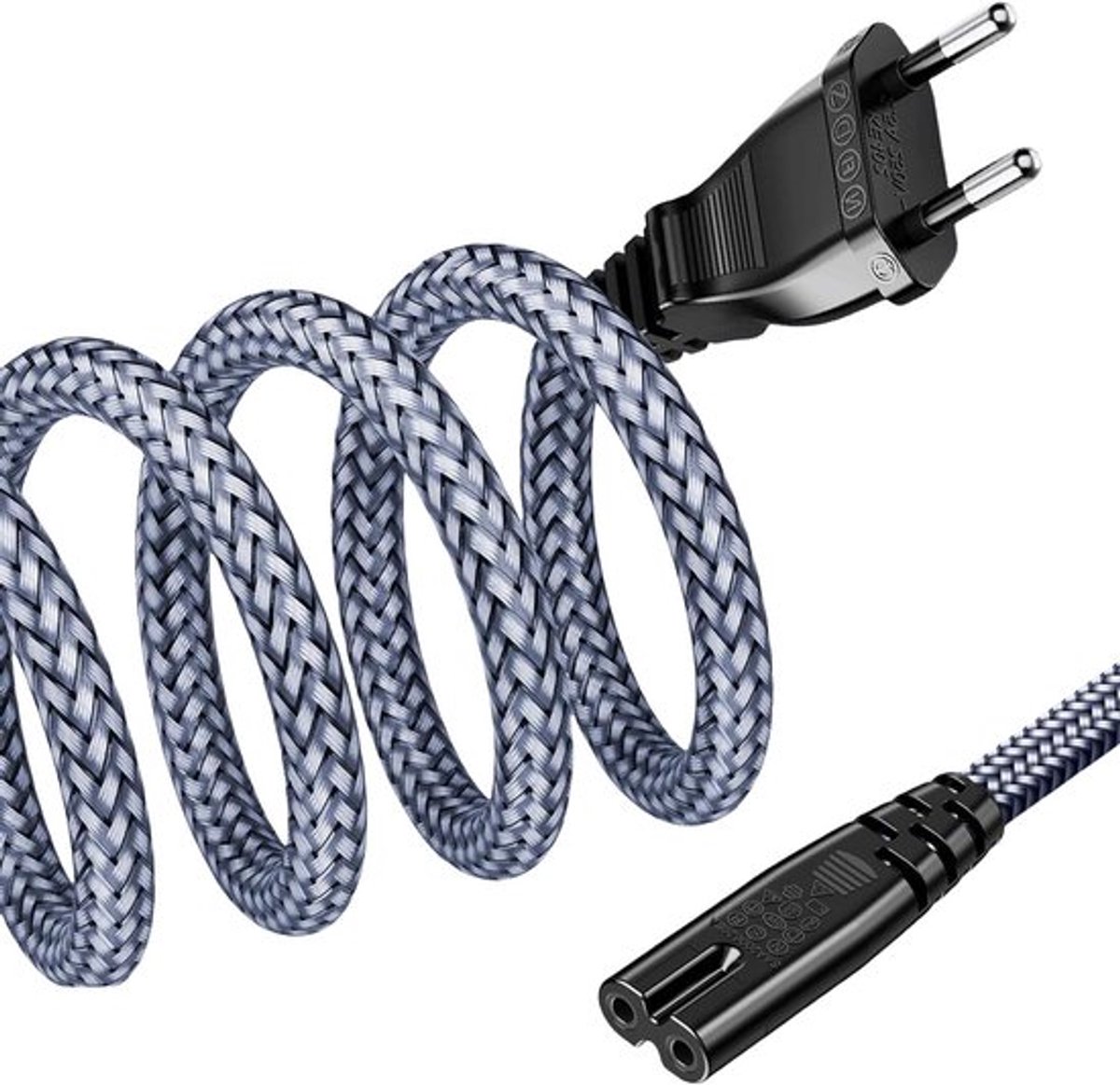 Netsnoer 2-polig 3 m (CEE 7/16 naar C7) eurostekker met VDE nylon gevlochten apparaatkabel voor TV PS3/PS4/PS5/Xbox serie X/S Blu-ray