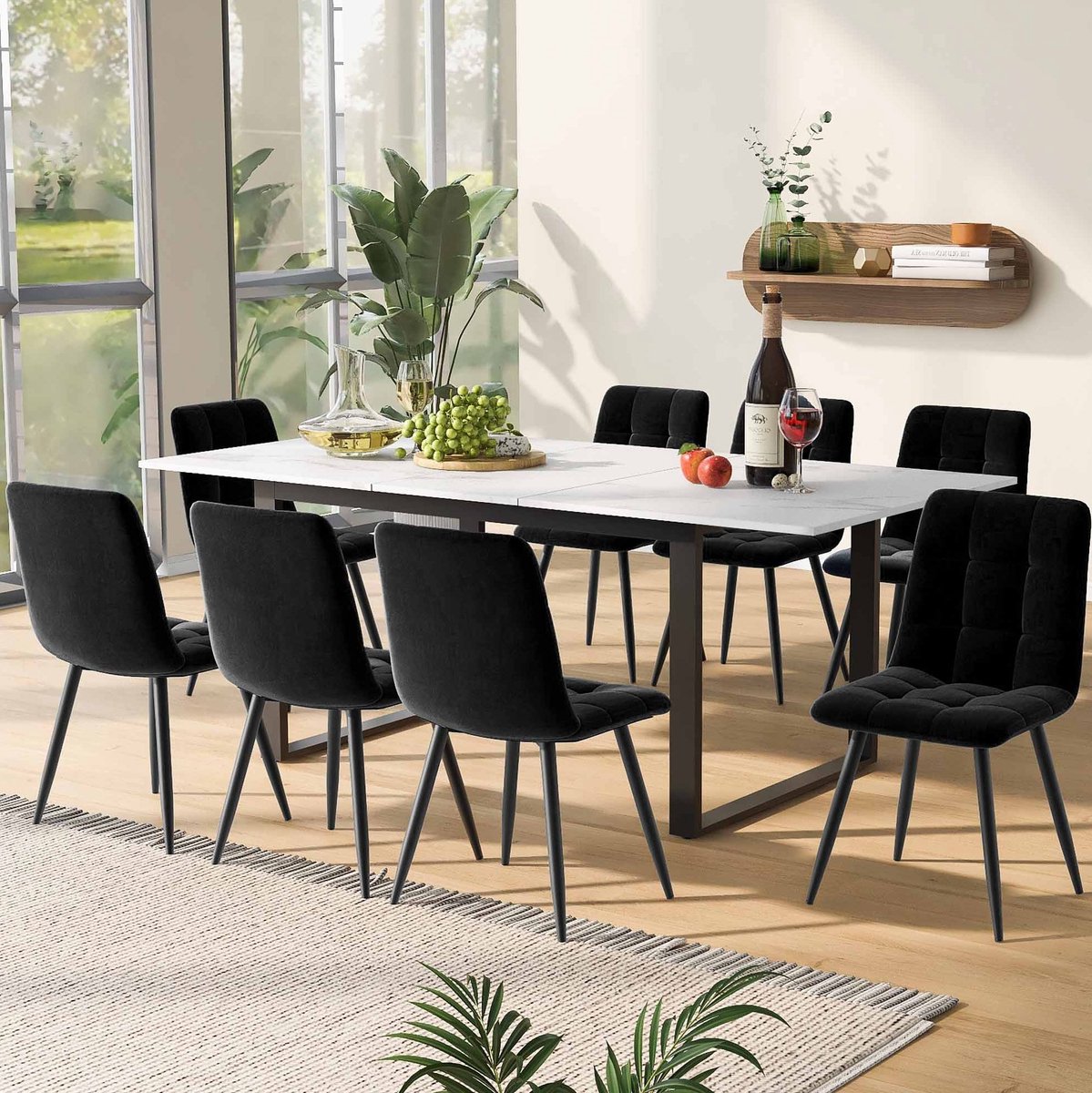 DESMIU Set Tafel En Stoelen 140/180 x 80 x 75 cm - Uittrekbare Eettafel Met 8 Gestoffeerde Stoelen - Eetkamer - MDF Wit Zwart