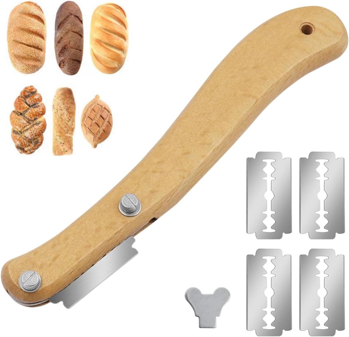 Gebogen Broodmesje met Houten Handvat voor Thuisbroodbakken, Ideaal voor Zuurdesem en Deegpatronen, Multifunctioneel Snijgereedschap voor Broodbakaccessoires
