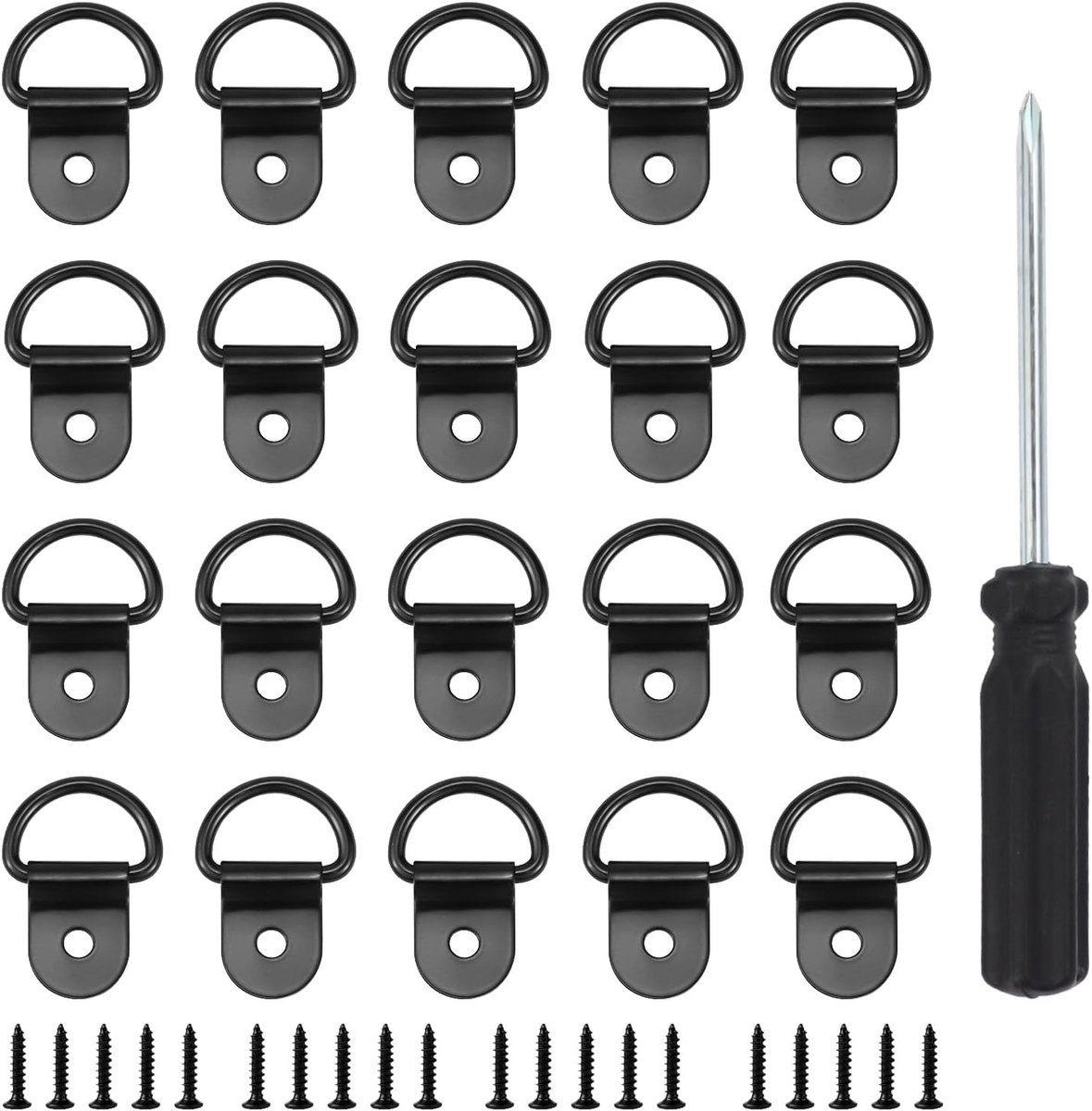 RVS Lashing Rings 20 Stuks D Opbouw Lashing Ring Zwart met Schroeven en Schroevendraaier tot 100kg voor Trailers, Trucks en Campingtoepassingen