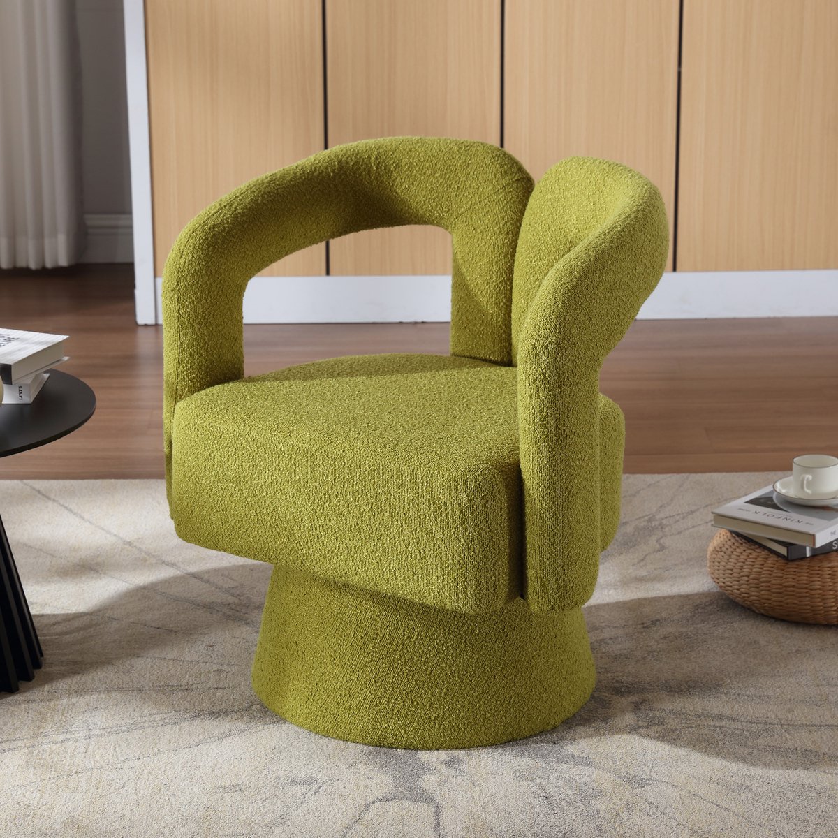 DESMIU Fauteuil 67 X 55 X 74 Cm - 360 Graden Draaibaar Met Brede Gewatteerde Zitting - Voor Woonkamer Slaapkamer En Kantoor - Boucle Olijfgroen