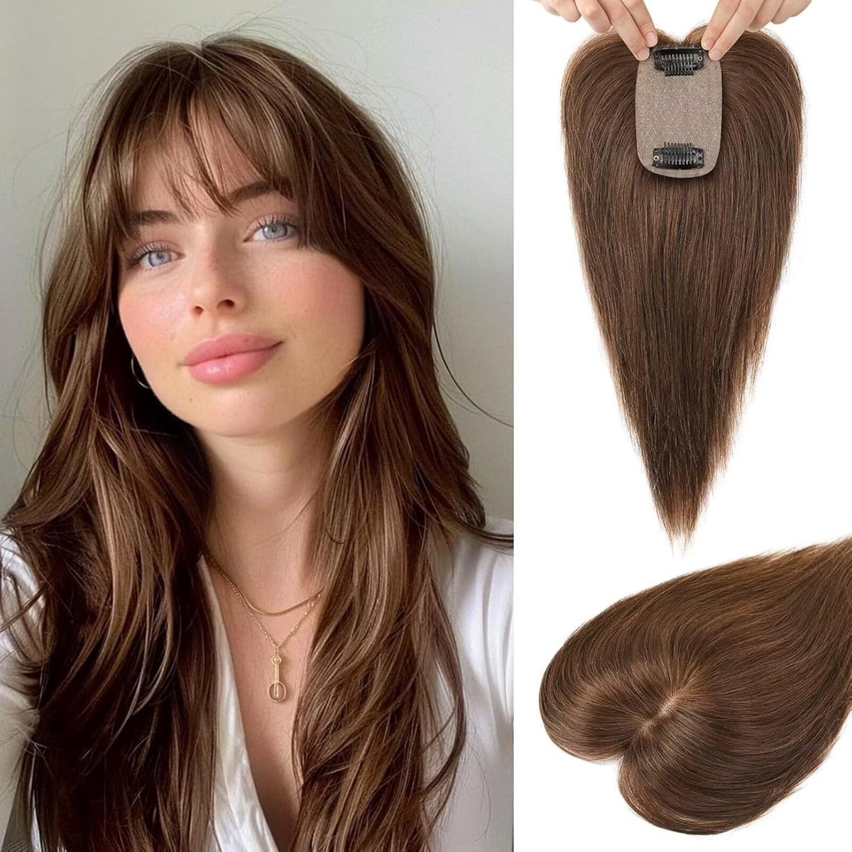 LISM-Haarverlenging Geschikt voor dames, 25 cm, pony met clip, Geschikt voor dun bruin haar