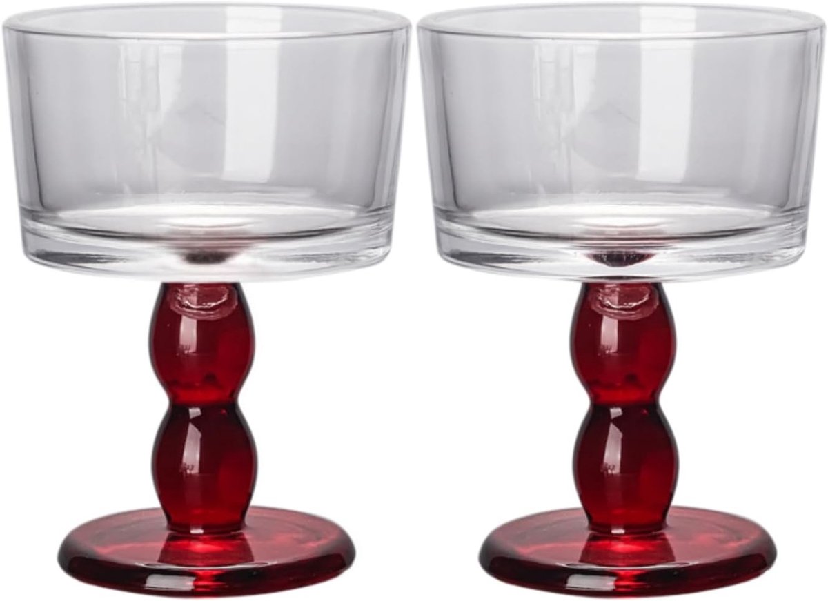 Handgemaakte Vintage Wijnglas met Retro Rode Steel - Ideaal voor Champagne, Cocktails en Feestelijke Gelegenheden - 200ml Capaciteit