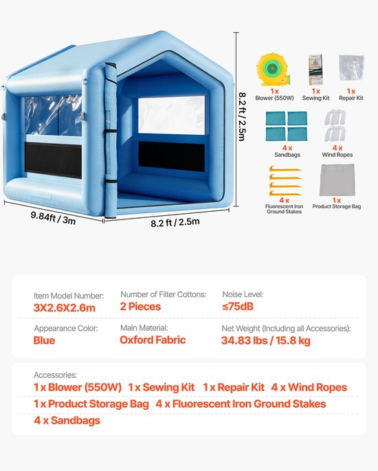 Opblaasbare Spuitcabine 3 X 2,5 X 2,5 m, Spuitcabinetent met 550 W Ventilator, Luchtfiltersysteem en Transparante Ramen, Driehoekig Dakontwerp, Gemaakt van 210d Oxford-Stof, Blauw voor Spuitverf — afbeelding 3