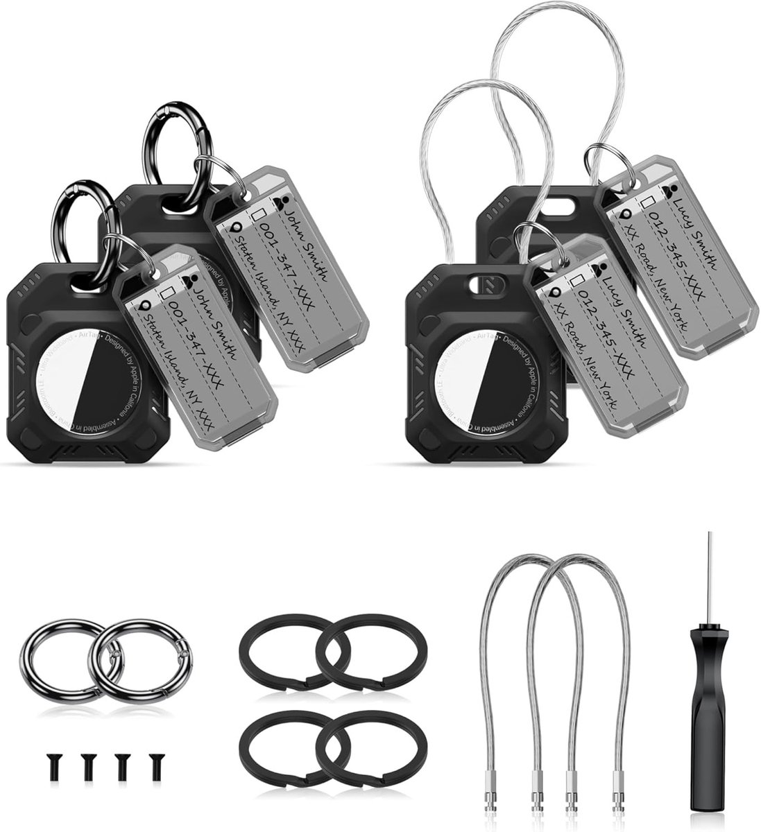 Airtag Houder en Potlood Etui Bescherming met Sleutelhanger Ringen, 3M Zelfklevende Bevestiging en Labels voor Koffer, Huisdierhalsband en Autosleutels, Zwart 4-pack