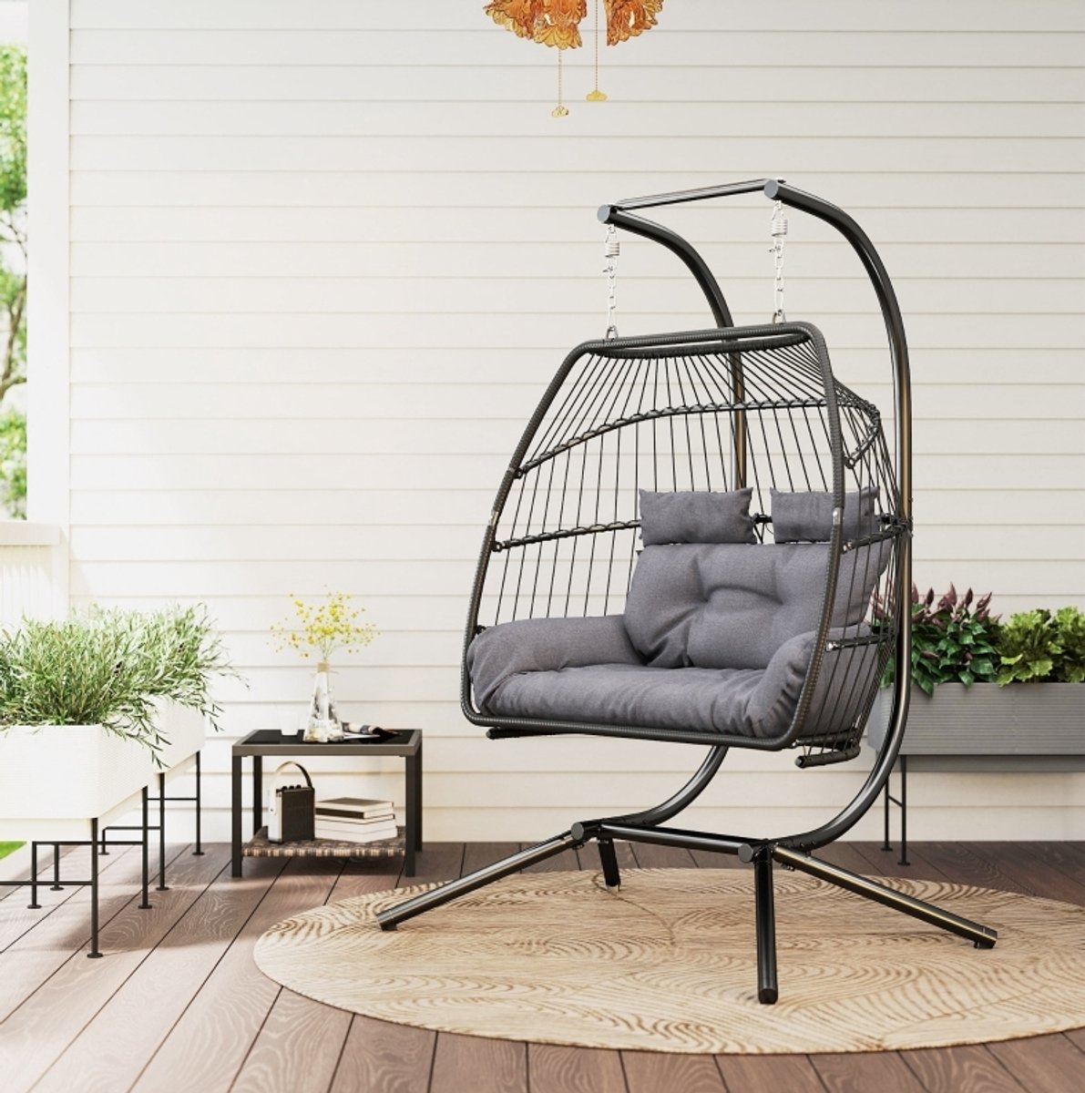 MIVRAY Schommelstoel 170 x 100 x 185 cm - Opvouwbare Hangstoel Voor 2 Personen Met Kussen En Hoofdsteun - Balkon En Terras - Rotan Donkergrijs