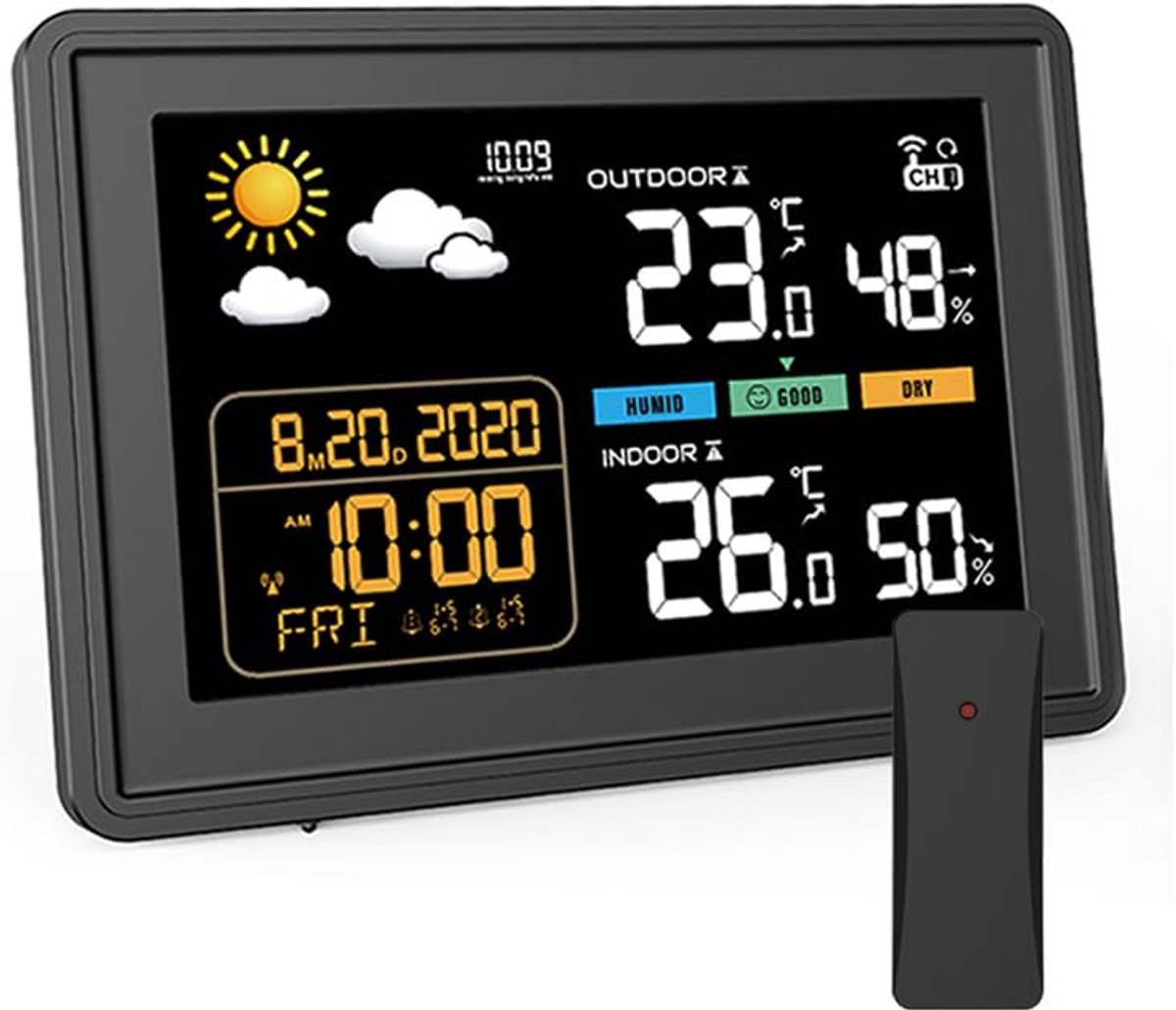 zurabini - Weerstation - Weerstation Binnen en Buiten - Hygrometer - Thermometer - Draadloos Weerstation met Buitensensor, DCF-Radioklok