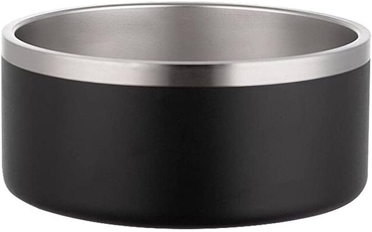 304 roestvrijstalen dubbelwandige hondenbakken, BPA-vrije antislip huisdierenschalen, kattenvoer- en waterbak met rubberen basis zonder morsen (64oz, zwart)