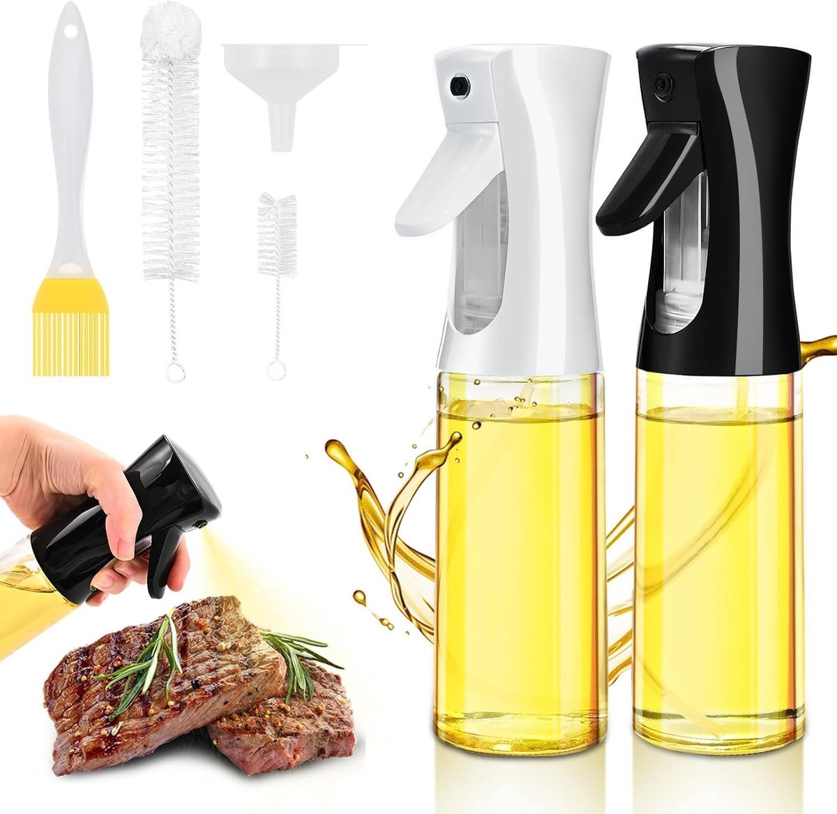 2 stuks oliesproeiers voor airfryer, 200 ml, oliespray voor de keuken, lekvrij, glasolie met dispenser, met borstels en trechter, accessoires friteuse zonder olie