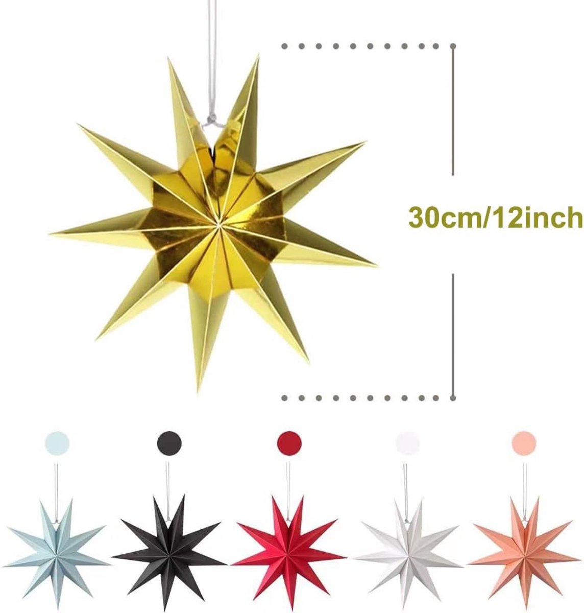3 stuks 9-puntige witte papieren sterren kerstdecoraties plafondboomdecoraties kamerhangende hanglamp kerstfeestdecoratiekerst, baby shower, bruiloften, verjaardagsfeestdecoraties (goud)