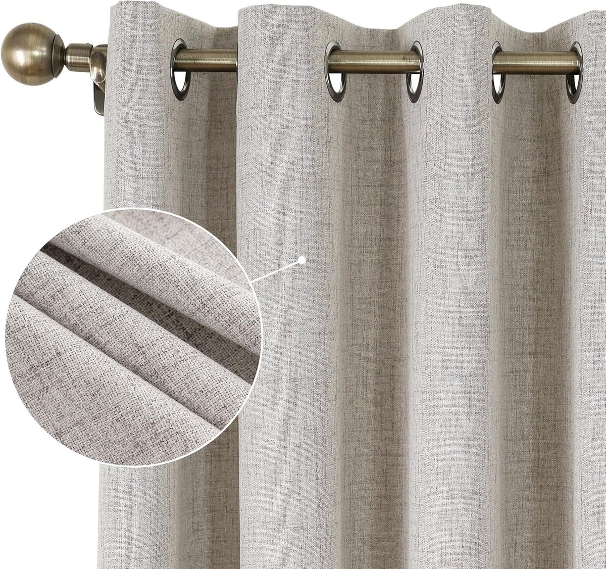 Linnenlook ondoorzichtige gordijnen met inslagringen, 2 stuks, 175 x 140 cm (h x b), warmte-isolerende slaapkamergordijnen met coating, rug voor slaapkamer kinderkamer, gebroken wit