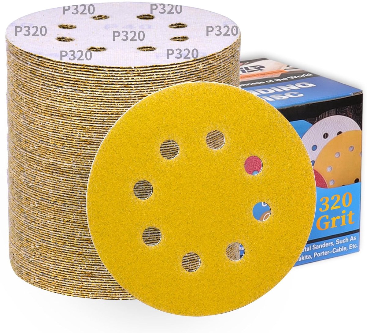 100 Stuks Schuurschijven 125mm Korrel 320 Klittenband Schuurpapier Ronde 8 Gaten Goudgeel Schuurpads voor Excentrische Schuurmachine
