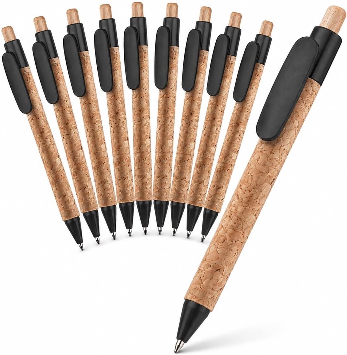 Balpennen van kurk, hout en kunststof kai, zwart, intrekbaar, clip en punt, gekleurd, blauwe vulling, kantoor, school, onderweg, duurzaam