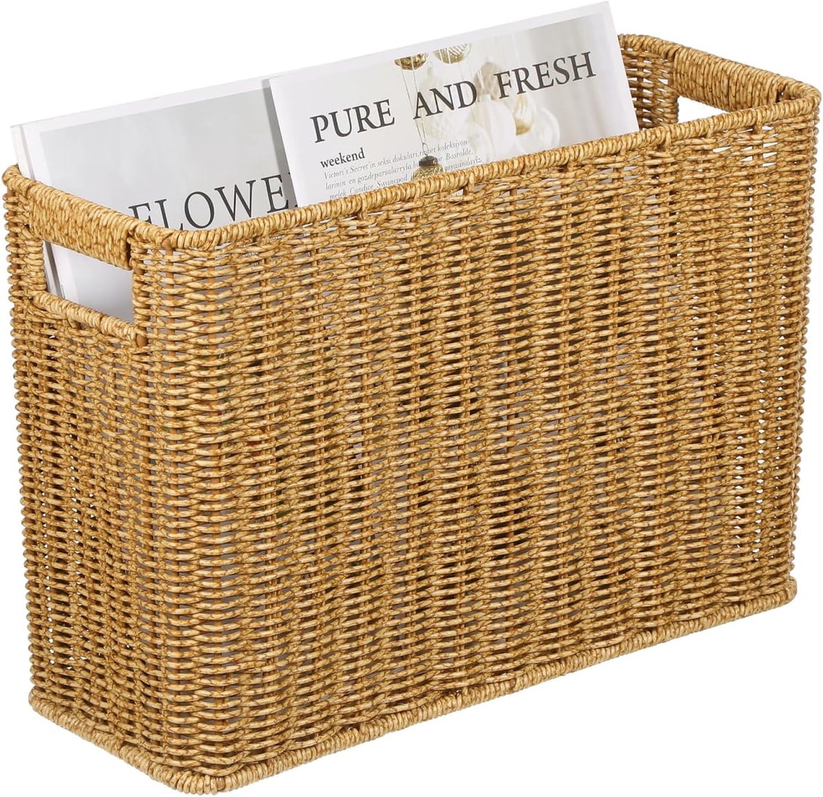 Handgeweven, natuurlijk gevlochten mandje met handvat, rechthoekig, hoog en smal, voor boeken en handdoeken