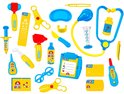Een gele en blauwe Bumba dokterskoffer met speelgoed doktersinstrumenten zoals een hamer, thermometer, spuit en stethoscoop.