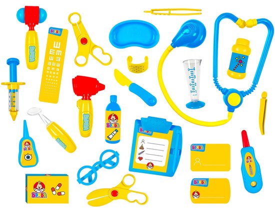 Een gele en blauwe Bumba dokterskoffer met speelgoed doktersinstrumenten zoals een hamer, thermometer, spuit en stethoscoop.