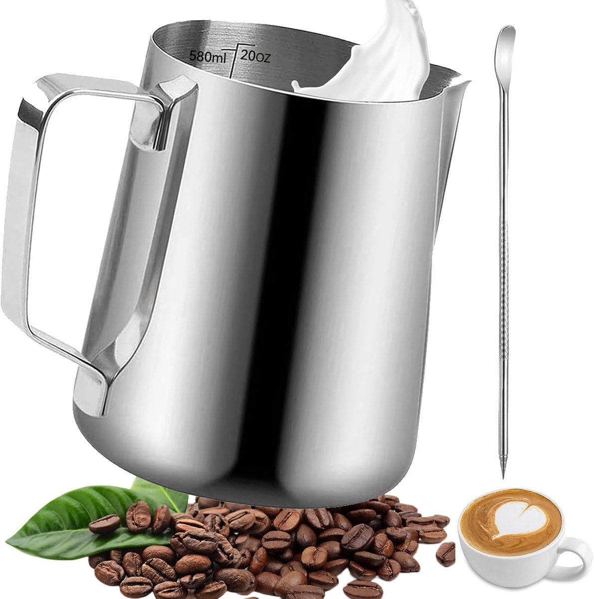 Melkkannetje, 550 ml barista-melkkannetje van roestvrij staal, met maataanduiding en latte art pen, voor espresso, melkopschuimer, cappuccino, koffieliefhebber