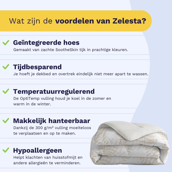 Gevouwen wit dekbed met beige bladerprint, omringd door tekst over voordelen.