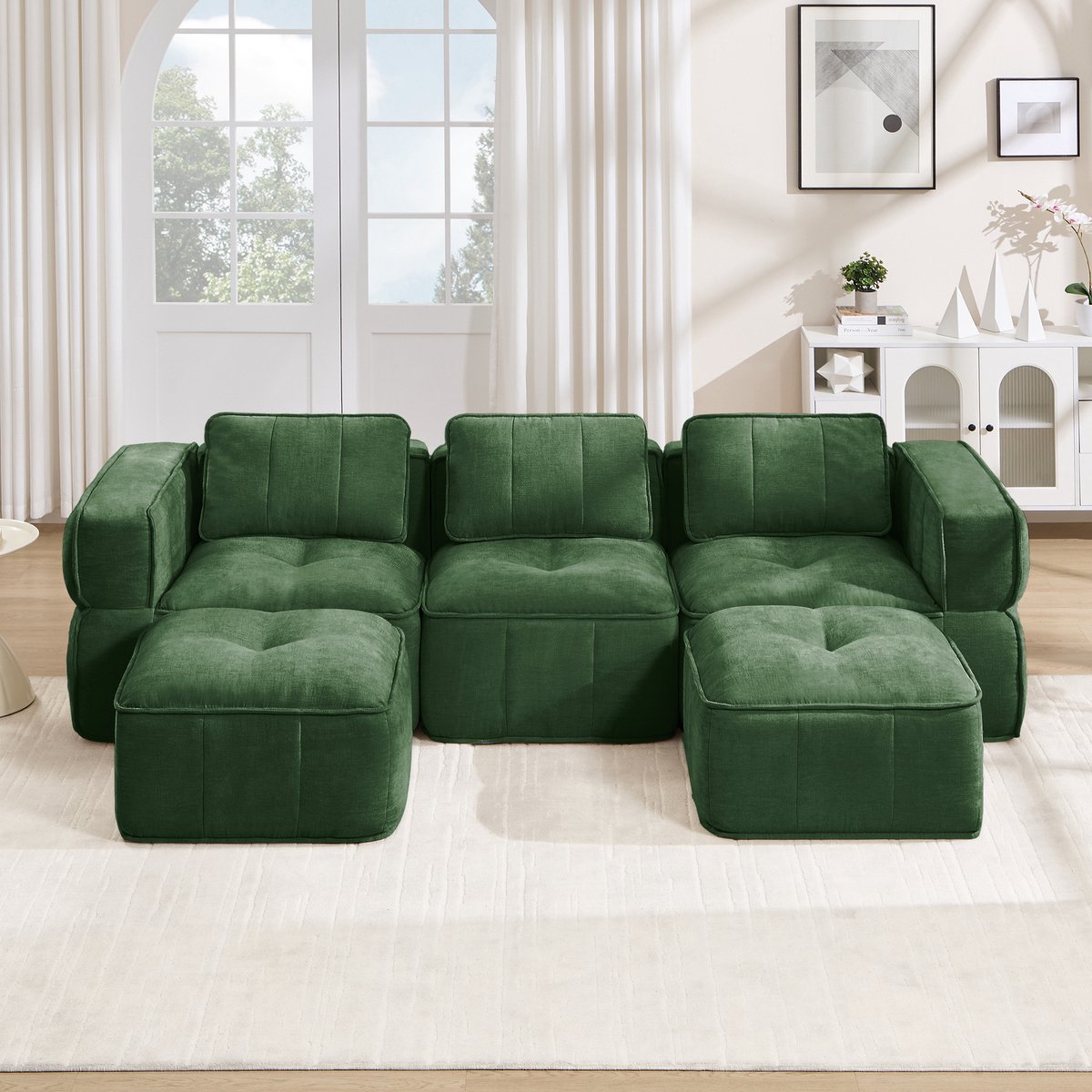 Pugsdrly 3-zits U-vormige modulaire bank met 2 poefs, zonder frame, 32D-schuim met hoge dichtheid, diepe zitting, huidvriendelijke, zachte stof, ideaal voor de woonkamer, geen montage nodig, groen.