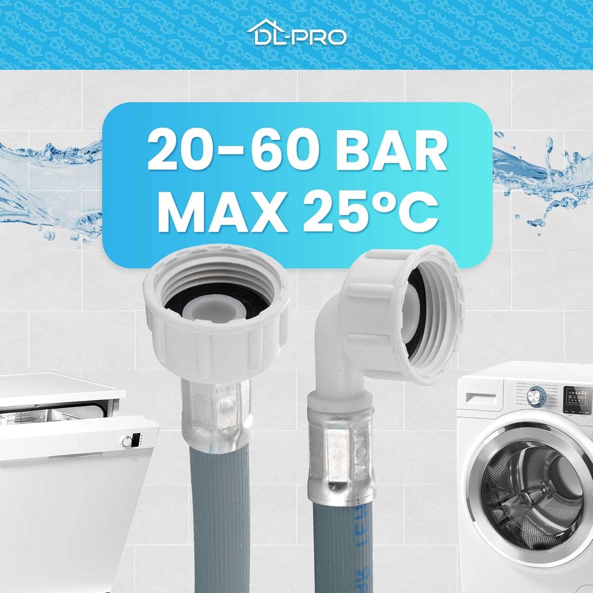 Waterinlaatslang 3m Ø135mm - Rechte/gebogen aansluiting - 60Bar druk - Geschikt voor wasmachine, droger, vaatwasser - SnelShoppen