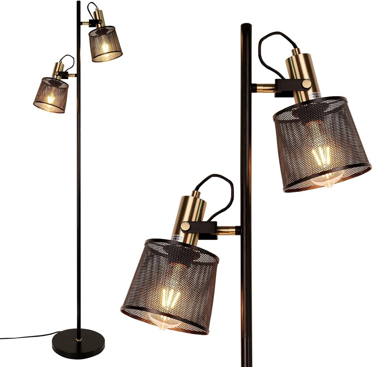 SnelShoppen - 2-Weg Industrieel Retro Zwart IJzeren Metaal Net Vloerlampen | Verstelbare Schakelaar voor Slaapkamer Kantoor Woonkamer | H161 cm W25 cm