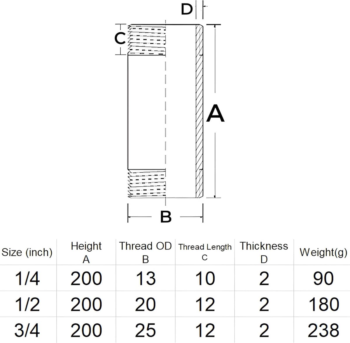 Gereedschap voor Pijpmontage, 1 St 200 Mm BSP 1/4 "1/2" 3/4 "1" Roestvrijstalen SS304 Mannelijke x Mannelijke Schroefdraad Industriële Buis Luchtleiding, Brandstofleiding, Waterleiding(DN8x200mm=1/4)