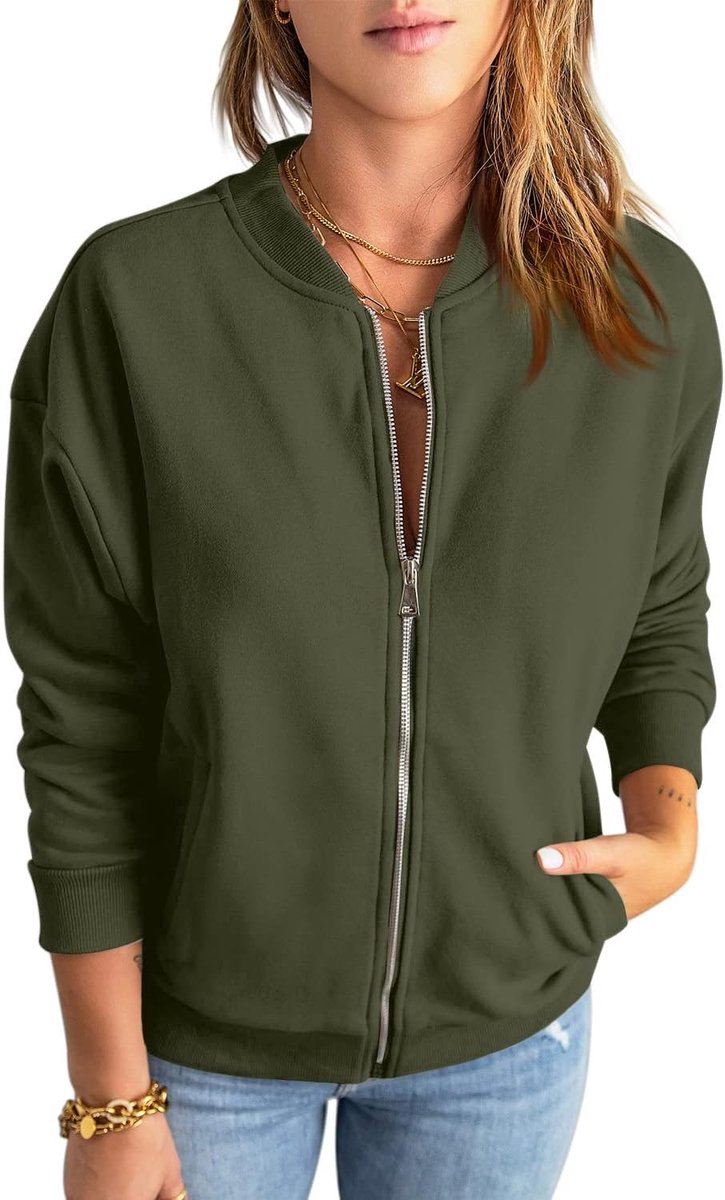 Sweatshirt met rits voor dames, oversized jack, sweatshirt, effen, losse lange mouwen, top, bovenstuk met zak
