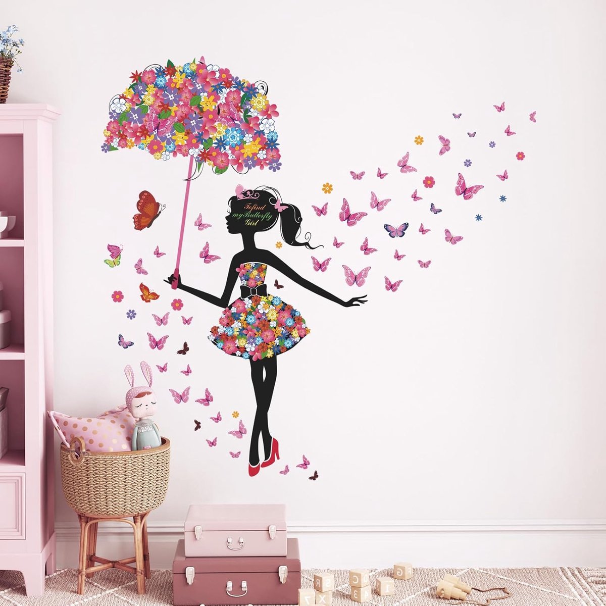 Flower Fairy Wall Stickers, Girl with Umbrella Colorful Butterfly Floral Wall Decals, DIY Vinyl Mural Art for Girls Baby Nursery Bedroom Living Room Playroom Wall Decor