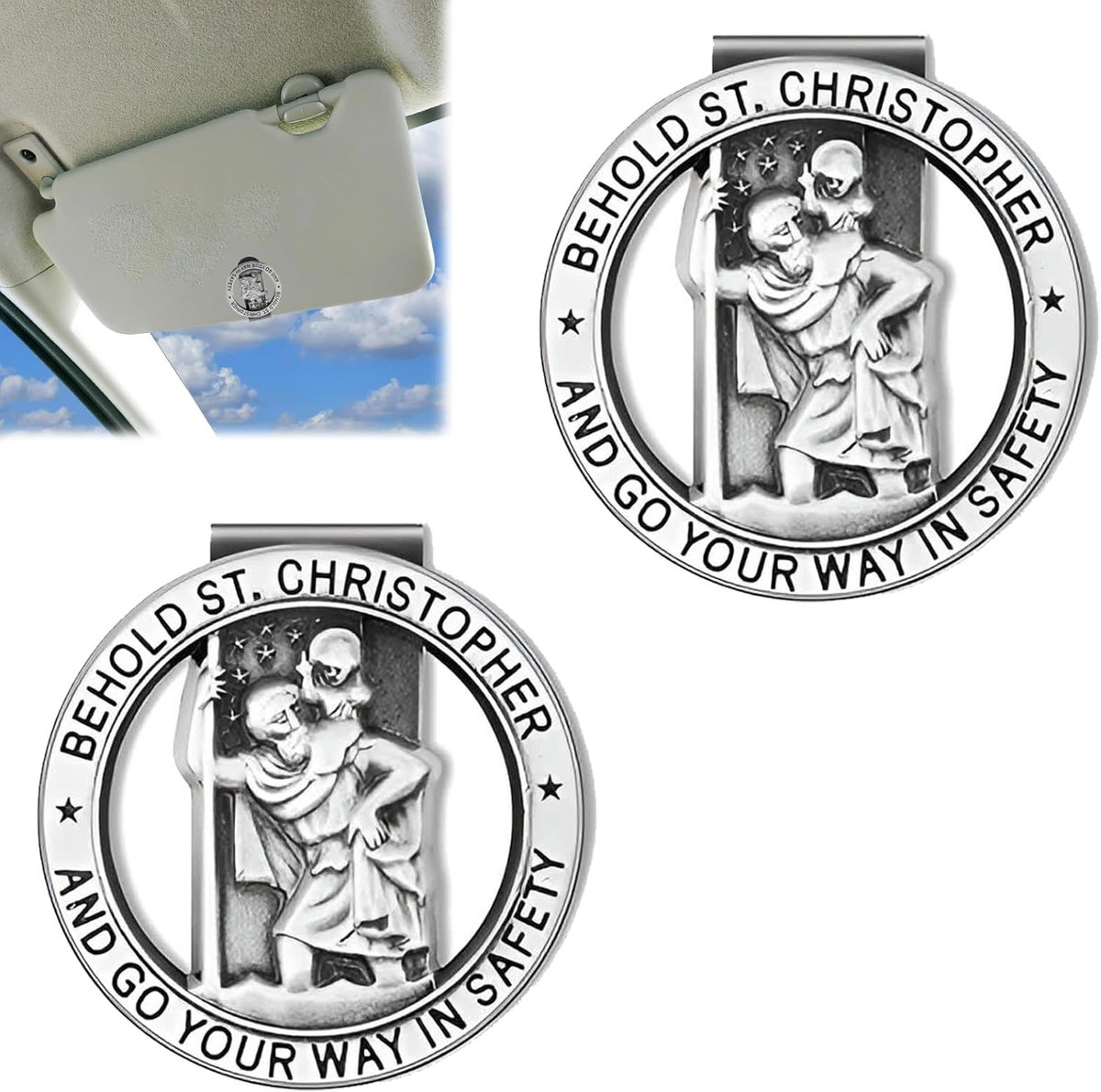 2 stuks autoketting Christopherus, Christopher medaille voor auto, auto Saint Christopher vizierclip, Christopherus auto, heilige Christoffel auto, heilige Christoffel auto, heilige Christoffel voor