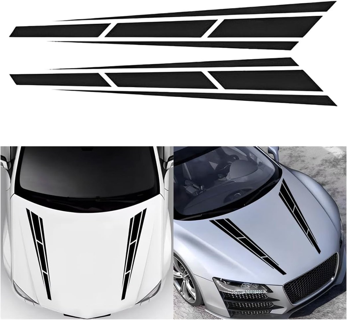 Set van 2 autokapstrepenstickers, autoracelichaam bumperstickers, vinylstrepen, stickerstrips decoratie voor auto's, terreinvoertuigen (Zwart)