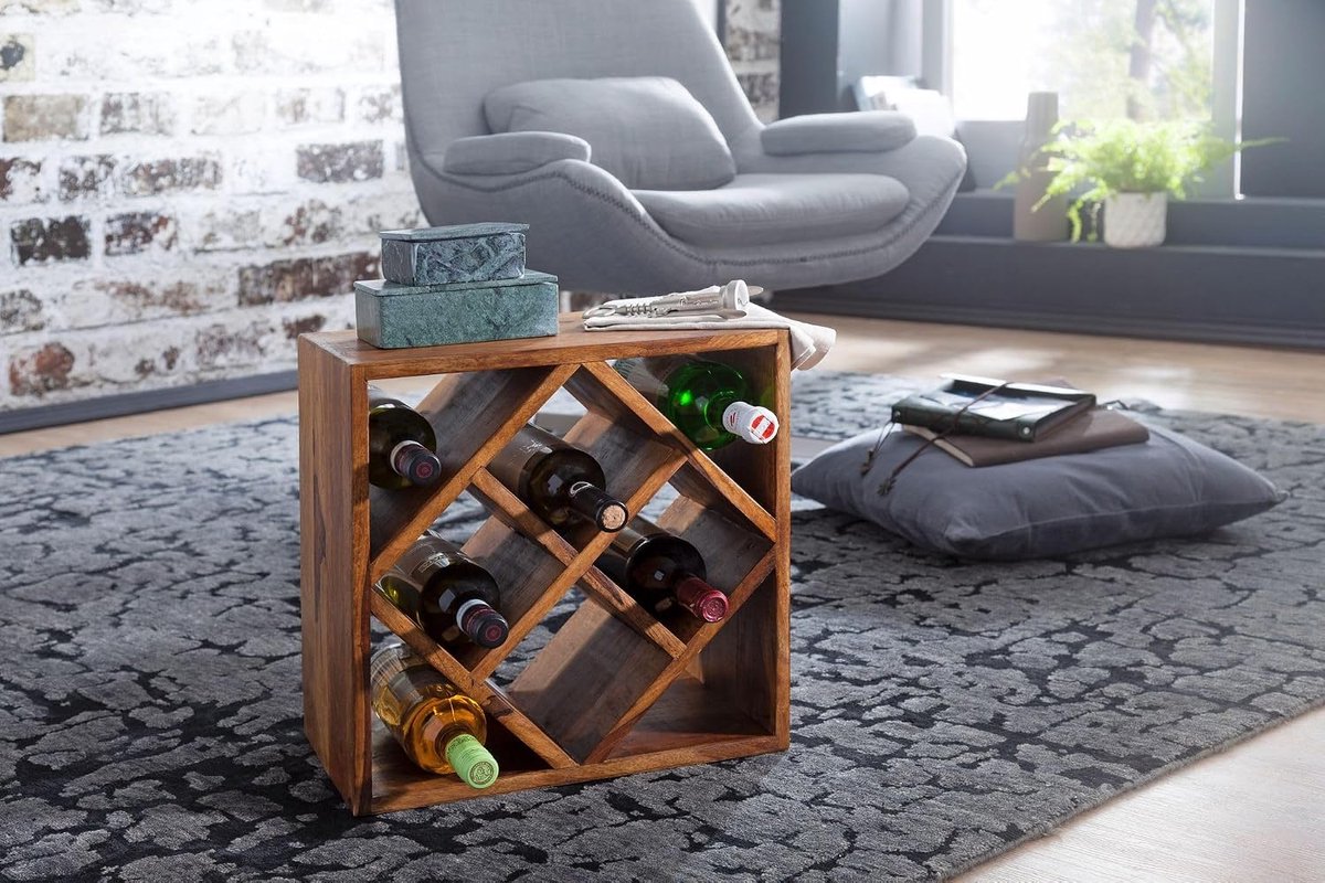 Wijnrek 40x25x40 cm Massief Hout Bruin voor 8 Flessen | klein flessenrek staand voor de keuken, staand rek smal, wijnrek handgemaakt, uniek exemplaar