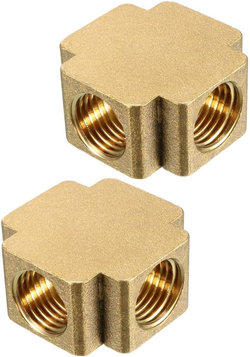sourcing map 2 stuks barstok kruis buis montage 1/4 PT binnenschroefdraad 4-weg verbinder messing 1/4 PT Female, 2pcs