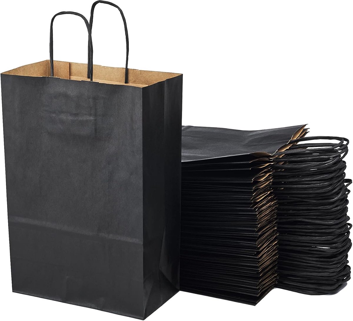 50 zwarte boodschappentassen van kraftpapier met handgrepen, 20 x 10 x 29,2 cm, boodschappentas/geschenkverpakking voor verjaardag, Kerstmis, bruiloft.