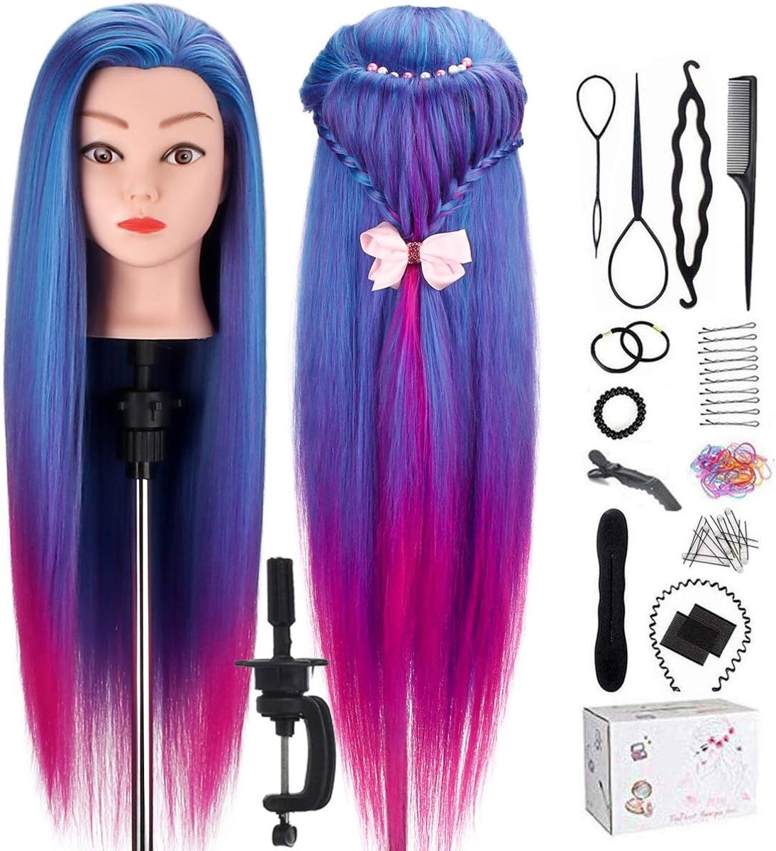 26inch 100% Synthetische Vezel Haar Training Hoofd Cosmetologie Kappers Etalagepop Dummy Pop Hoofd met Tafelklemhouder & DIY Haarvlechtenset