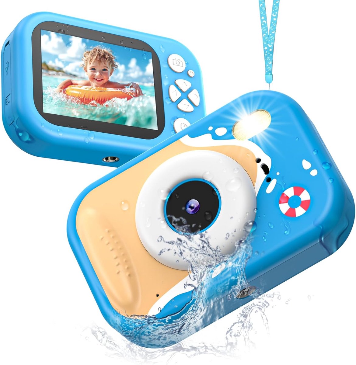 camera voor kinderen, 48 MP, 1080p, digitale camera, onderwatercamera voor kinderen, met 2,4 inch scherm, 32 GB kaart, noodgevallen, led-flits, cadeau voor meisjes en jongens, blauw