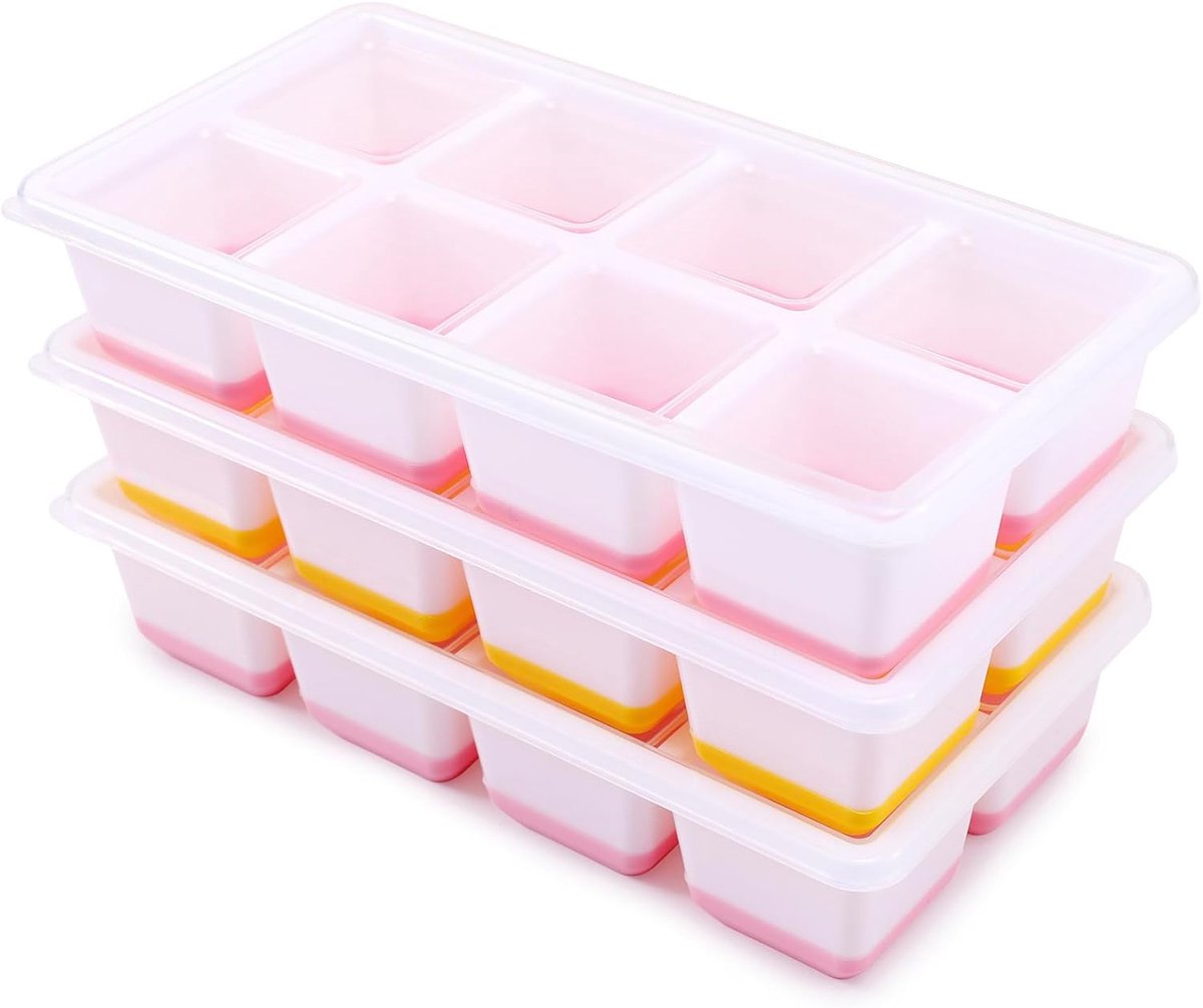 3 stuks grote siliconen ijsblokjesvormen met deksel, BPA-vrij, ijsblokjeshouder, stapelbaar, veilige gezonde ijsblokjesvorm voor babypap, cocktail, whisky, koffie (2 roze + geel)