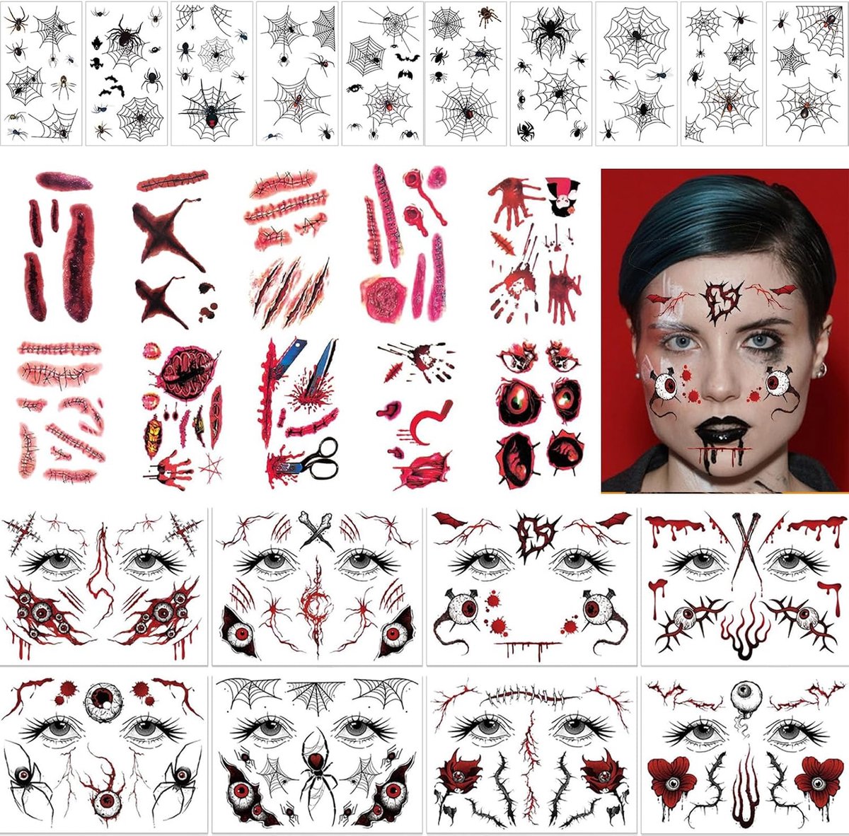 Tijdelijke Halloween-tattoos, 28 vellen, spin, littekens, nepwonden, tatoeages, Halloween, waterbestendig, realistische Halloween-make-up tattoo, make-upaccessoires