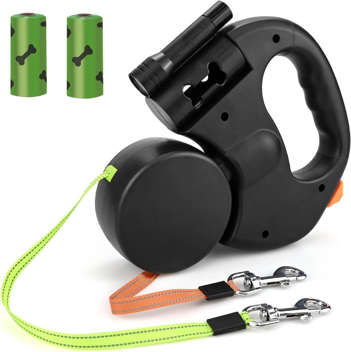 intrekbare hondenriem, versterkt uitschuifbaar met antislip handvat, hondenriem met zaklamp en vuilnisbak voor het uitlaten van 2 honden, 360° klitvrij, sterk nylon band, eenhandrem (zwart)