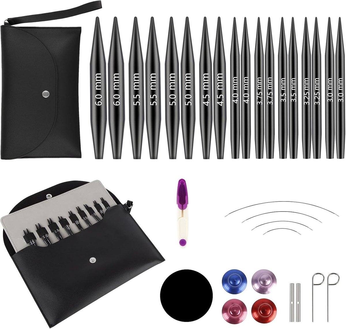 Verwisselbare Rondbreinaalden, 9 paar Rondbreinaalden met tas en Accessoires, 9 Naalden met een Diameter van 3–8 mm, 4 Verstelbare Lengtes van 20-80 cm, Set Aluminium Haaknaalden