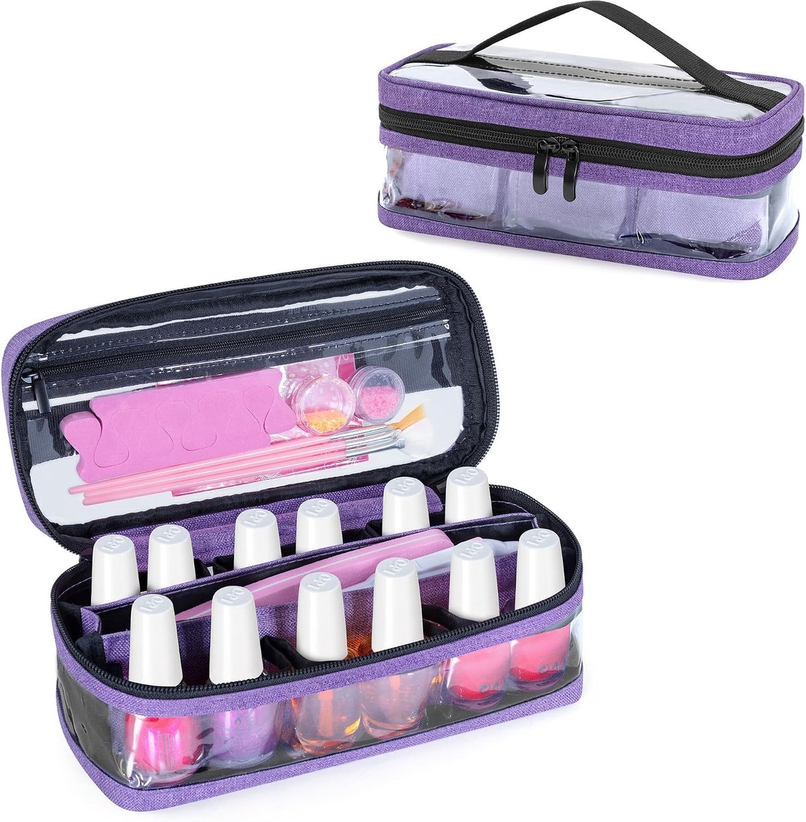Nagellakorganizer, transparant, voor 12 flessen, paars | Nagellakkoffer van pvc met uitneembare binnenvakken, alleen tas, 15 ml - 0,5 fl.oz (gepatenteerd)